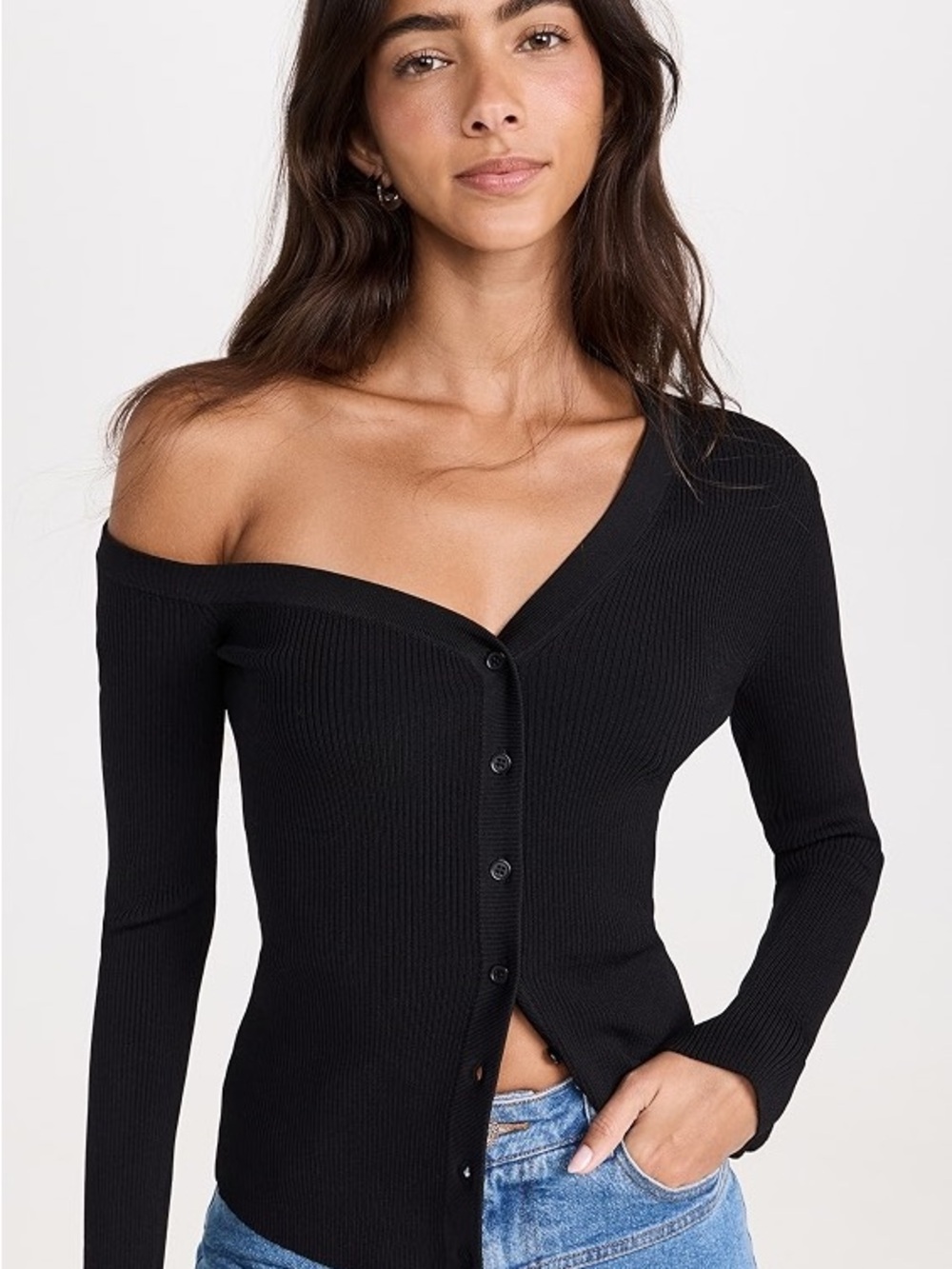 STAUD Craftsman Sweater Black Off-Shoulder Ribbed Button-Front Long Sleeve Top